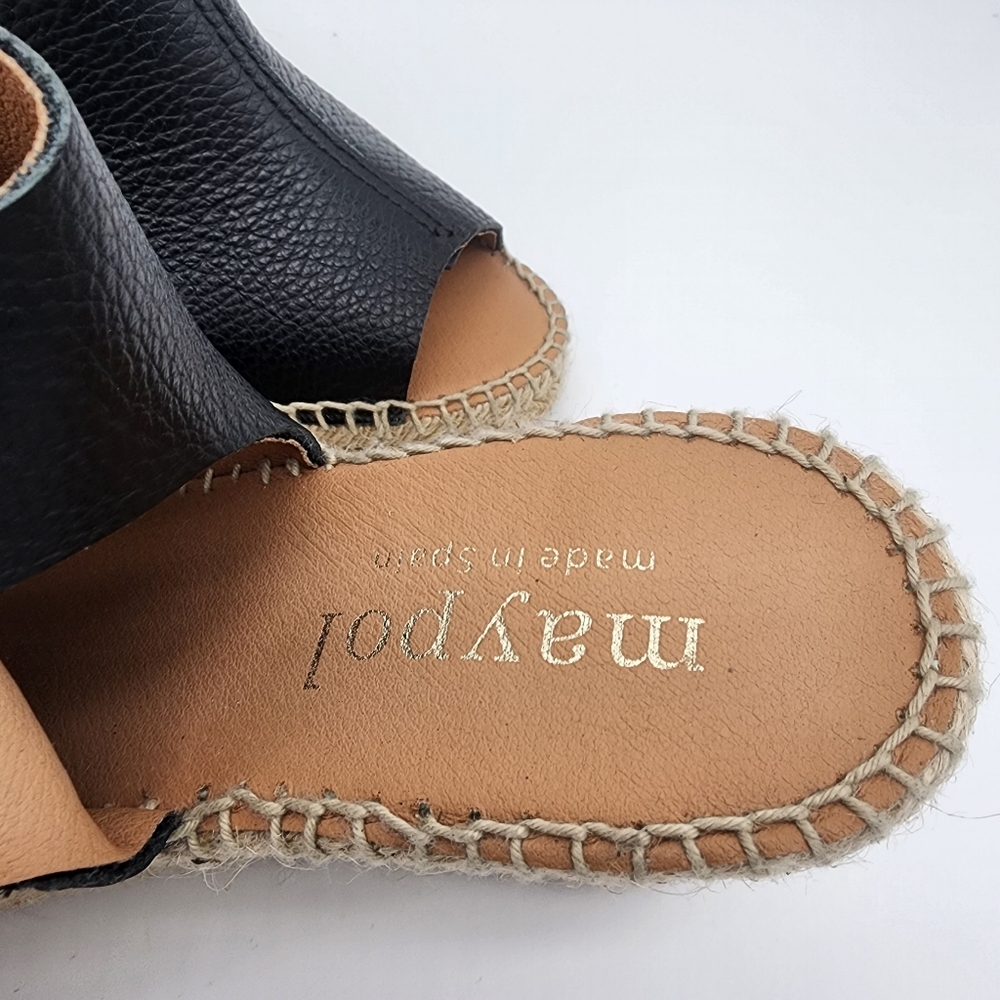 Maypol Spain Wedge Sandals Leather Black Rhinestone Buckle Size 39 or 9 - Picture 10 of 13